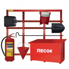 Укомплектованный открытый пожарный щит 1500х1000 ЩПО-В (щит, лом, ПП-600, лопата х2, ведро, оп-4, ящик для песка 0,5м3)